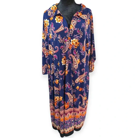 Mlle Gabrielle Maxi Dress Womens 2X Paisley Floral Roll Tab Sleeve Navy Blue - Picture 8 of 8